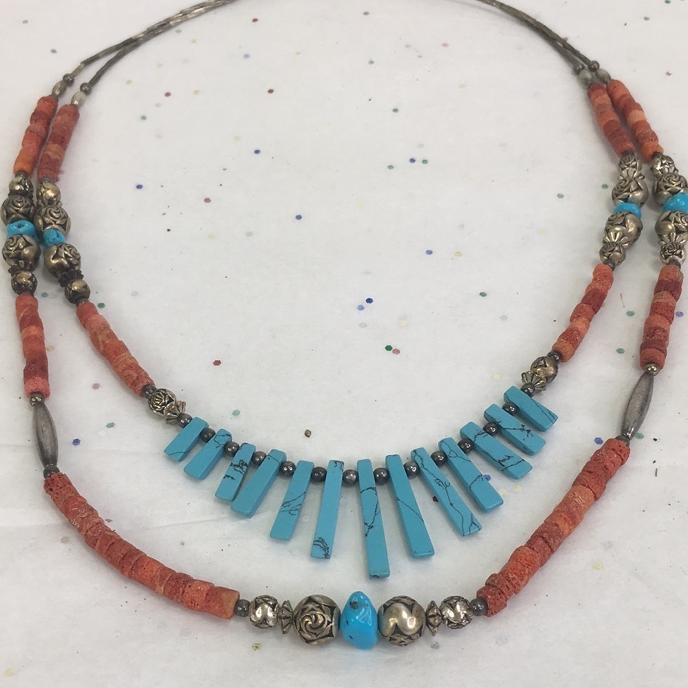 Vintage double strand turquoise coral silver necklace